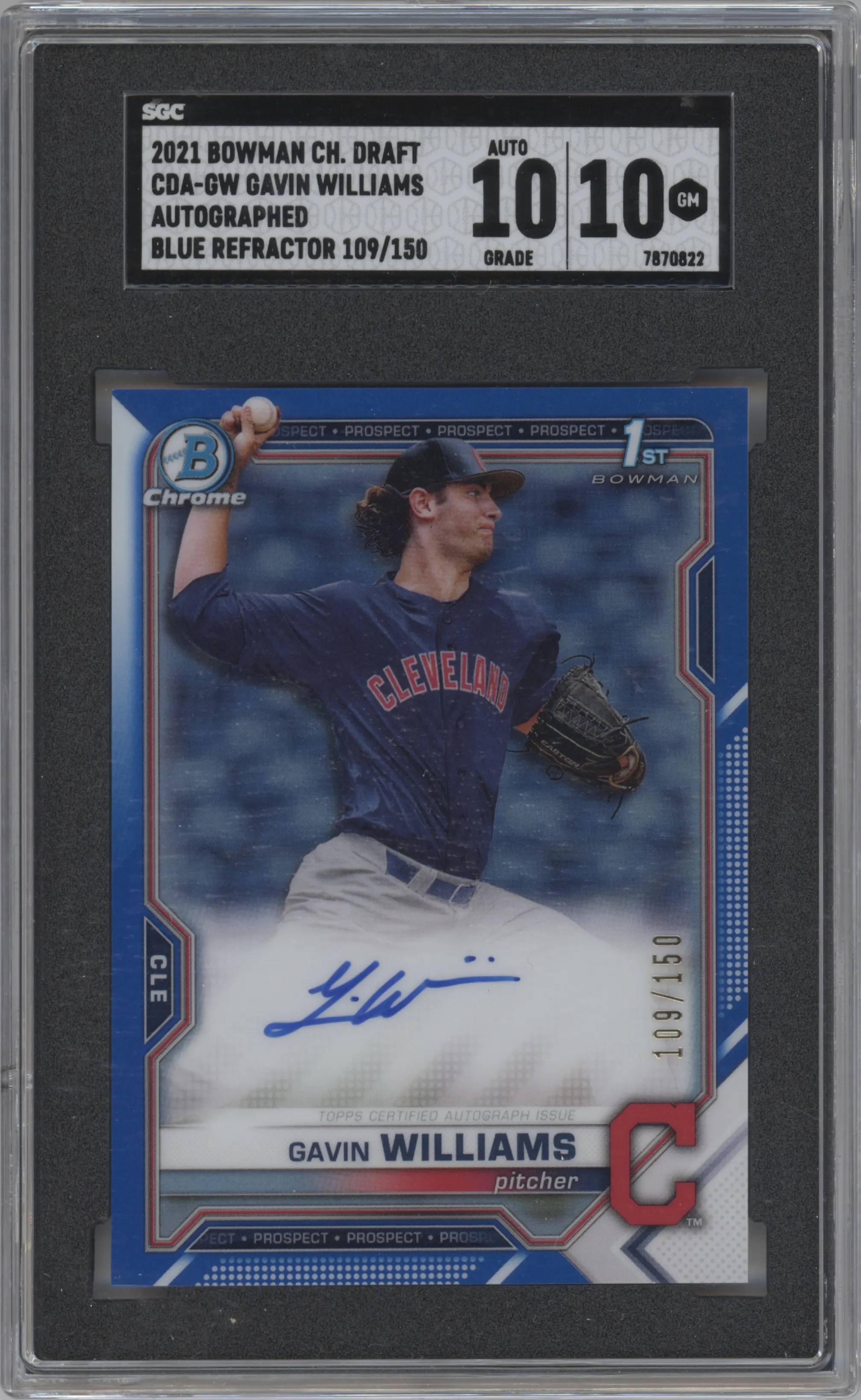 2021 Bowman Draft Chr.DP Auto Gavin Williams Blue Refractor #CDA-GW SGC 10
