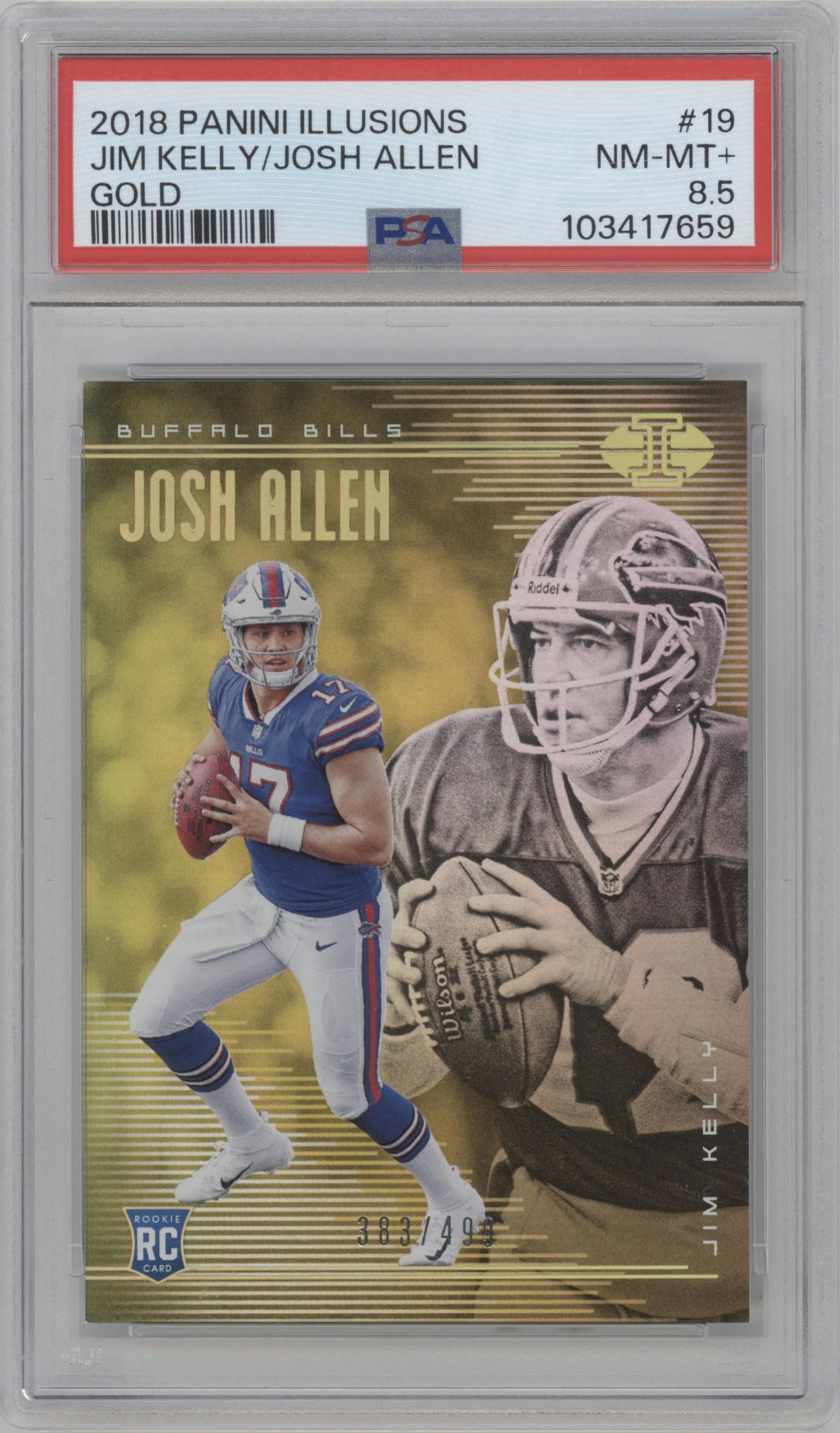 Josh Allen/Jim Kelly from the 2018 Panini Illusions set featuring a Trophy Collection Gold parallel graded by PSA and given an overall grade of 8.5.