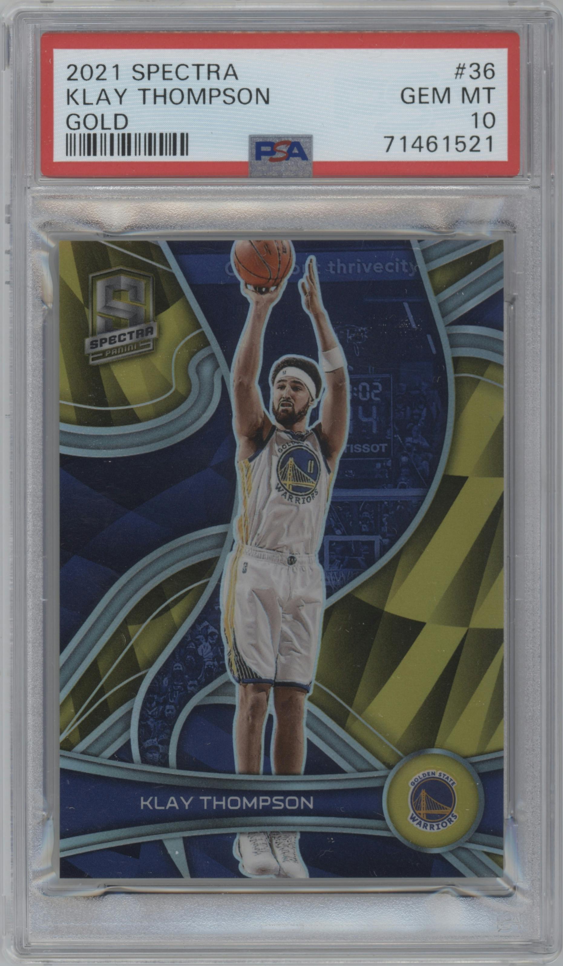 Klay Thompson from the 2021-22 Panini Spectra set featuring a Gold parallel graded by PSA and given an overall grade of 10.