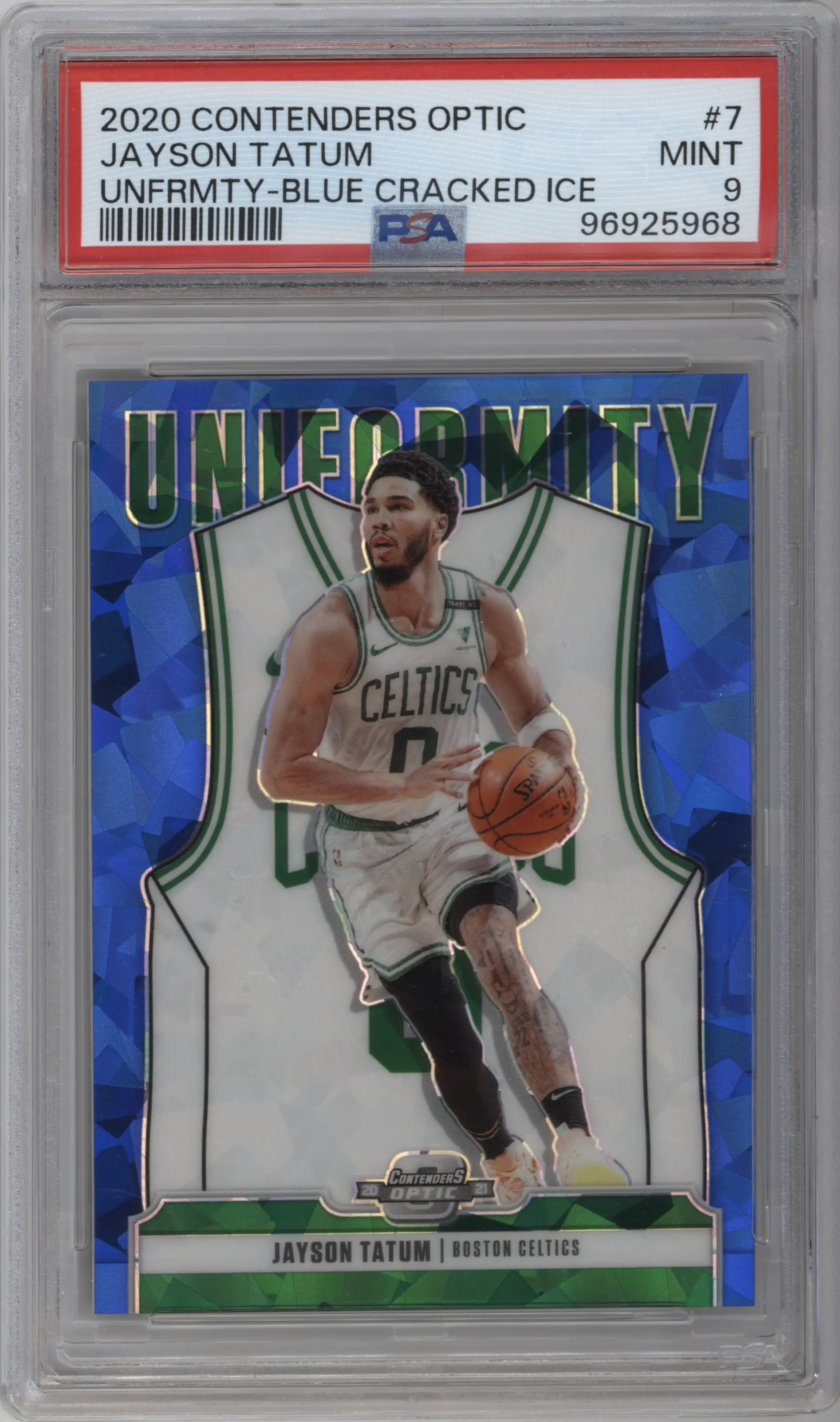 2020 Panini Contenders Optic Uniformity Jayson Tatum Blue Cracked Ice PSA 9