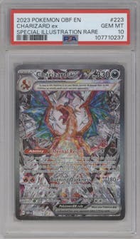 Charizard ex from the 2023 Pokemon SV set graded by PSA and given an overall grade of 10.