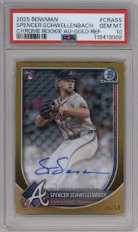 Spencer Schwellenbach from the 2025 Bowman set featuring a Gold Refractor parallel graded by PSA and given an overall grade of 10.