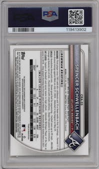 Spencer Schwellenbach from the 2025 Bowman set featuring a Gold Refractor parallel graded by PSA and given an overall grade of 10.