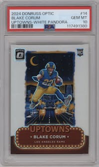 Blake Corum from the 2024 Donruss Optic set featuring a White Pandora parallel graded by PSA and given an overall grade of 10.