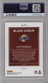 Blake Corum from the 2024 Donruss Optic set featuring a White Pandora parallel graded by PSA and given an overall grade of 10.