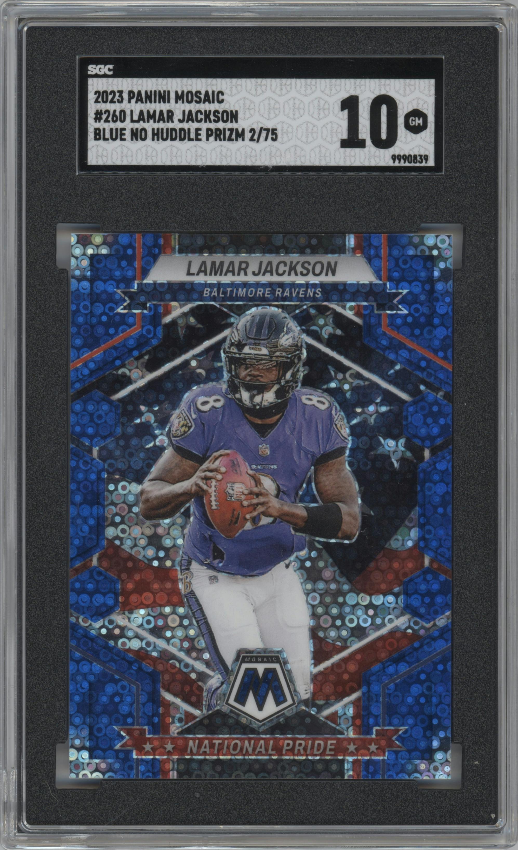 Lamar Jackson from the 2023 Panini Mosaic set featuring a No Huddle Blue parallel graded by SGC and given an overall grade of 10.
