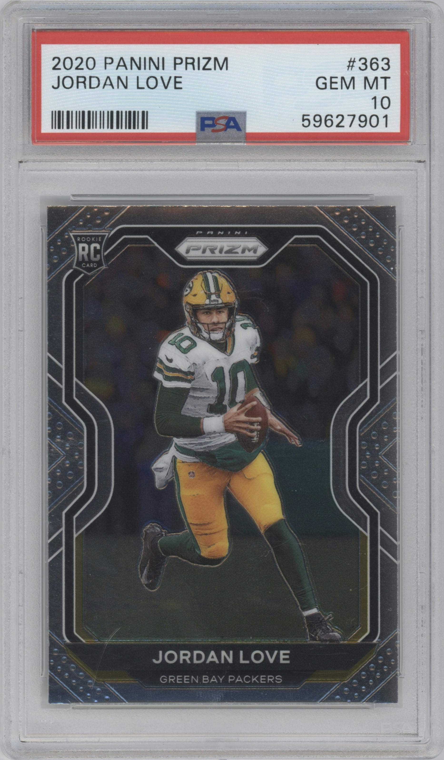 Jordan Love from the 2020 Panini Prizm set graded by PSA and given an overall grade of 10.