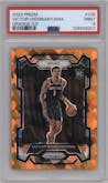 Victor Wembanyama from the 2023-24 Panini Prizm set featuring a Orange Ice parallel graded by PSA and given an overall grade of 9.