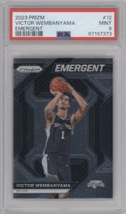 Victor Wembanyama from the 2023-24 Panini Prizm set graded by PSA and given an overall grade of 9.