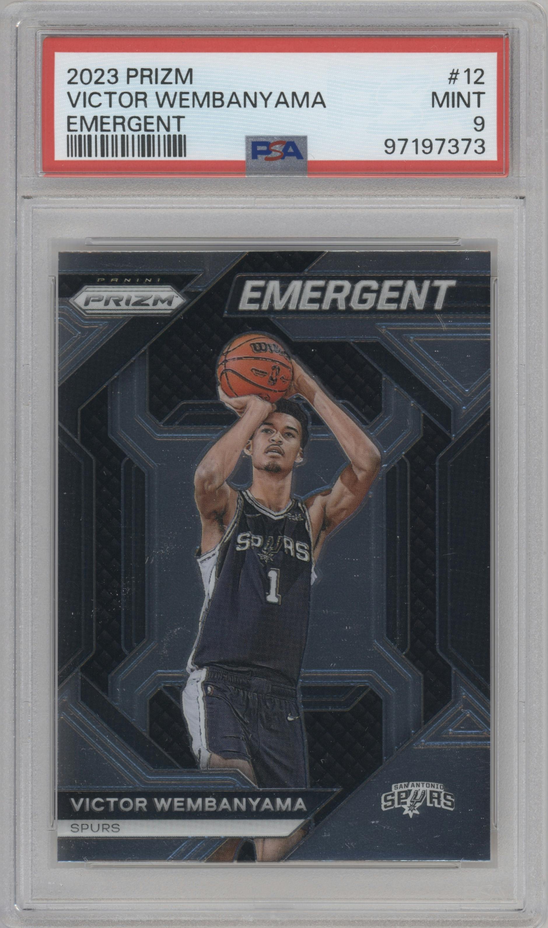 Victor Wembanyama from the 2023-24 Panini Prizm set graded by PSA and given an overall grade of 9.