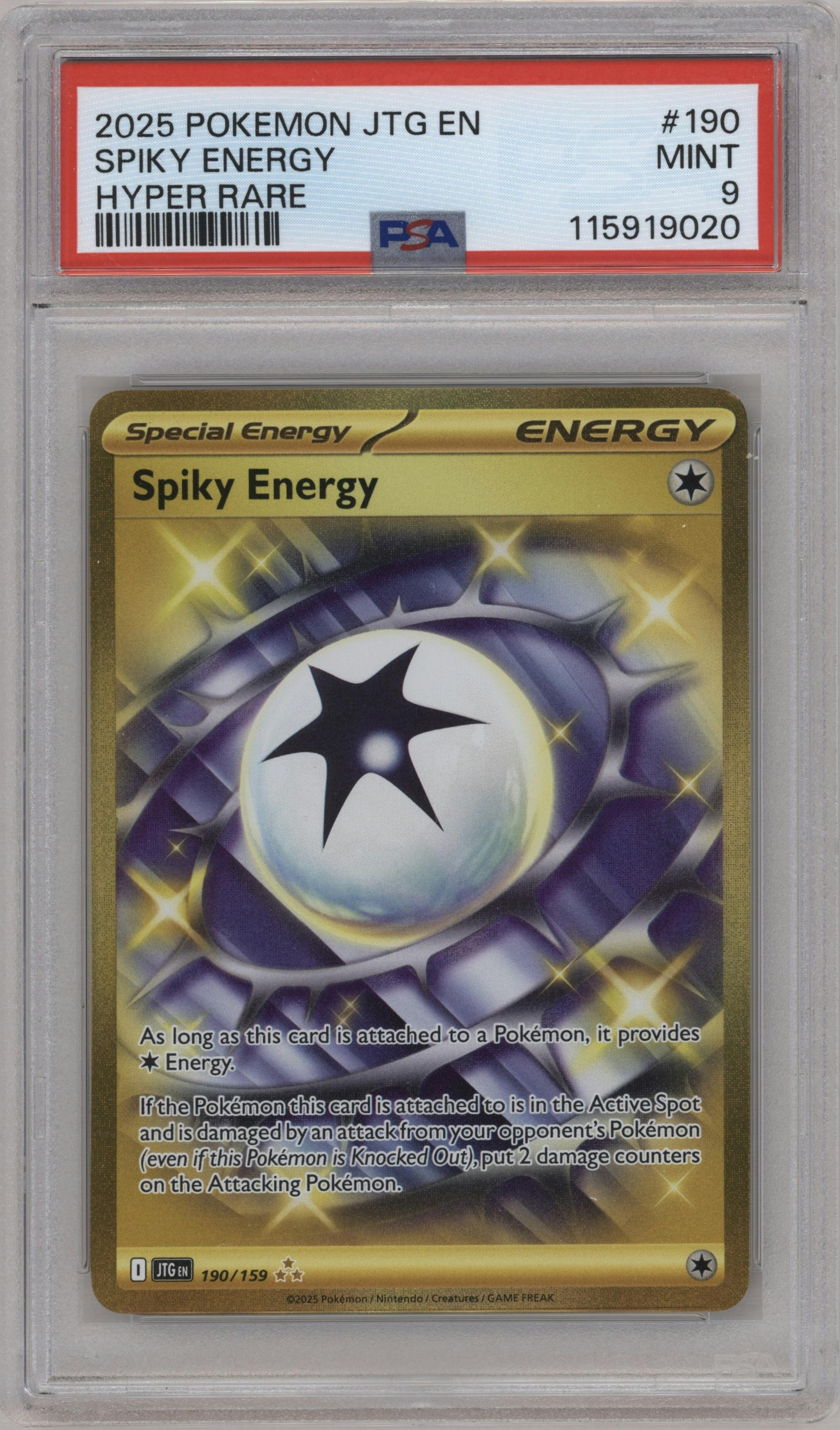 Spiky Energy from the 2025 Pokemon SV set graded by PSA and given an overall grade of 9.