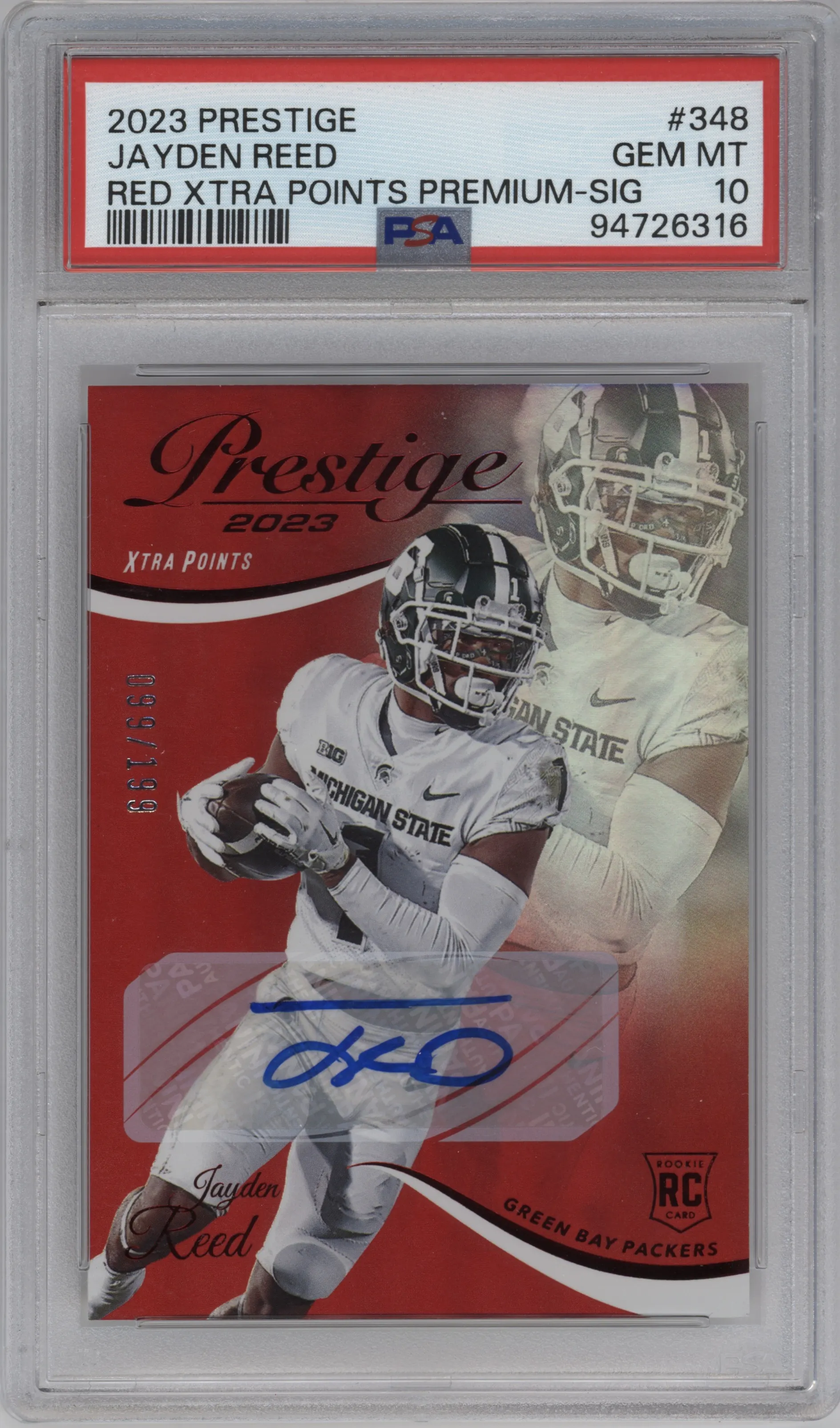 2023 Panini Prestige Rke.XP Sig.Prem. Jayden Reed Red #348 PSA 10