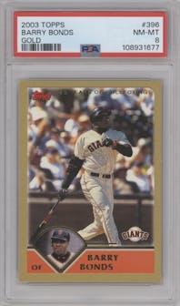 Barry Bonds from the 2003 Topps set featuring a Gold parallel graded by PSA and given an overall grade of 8.