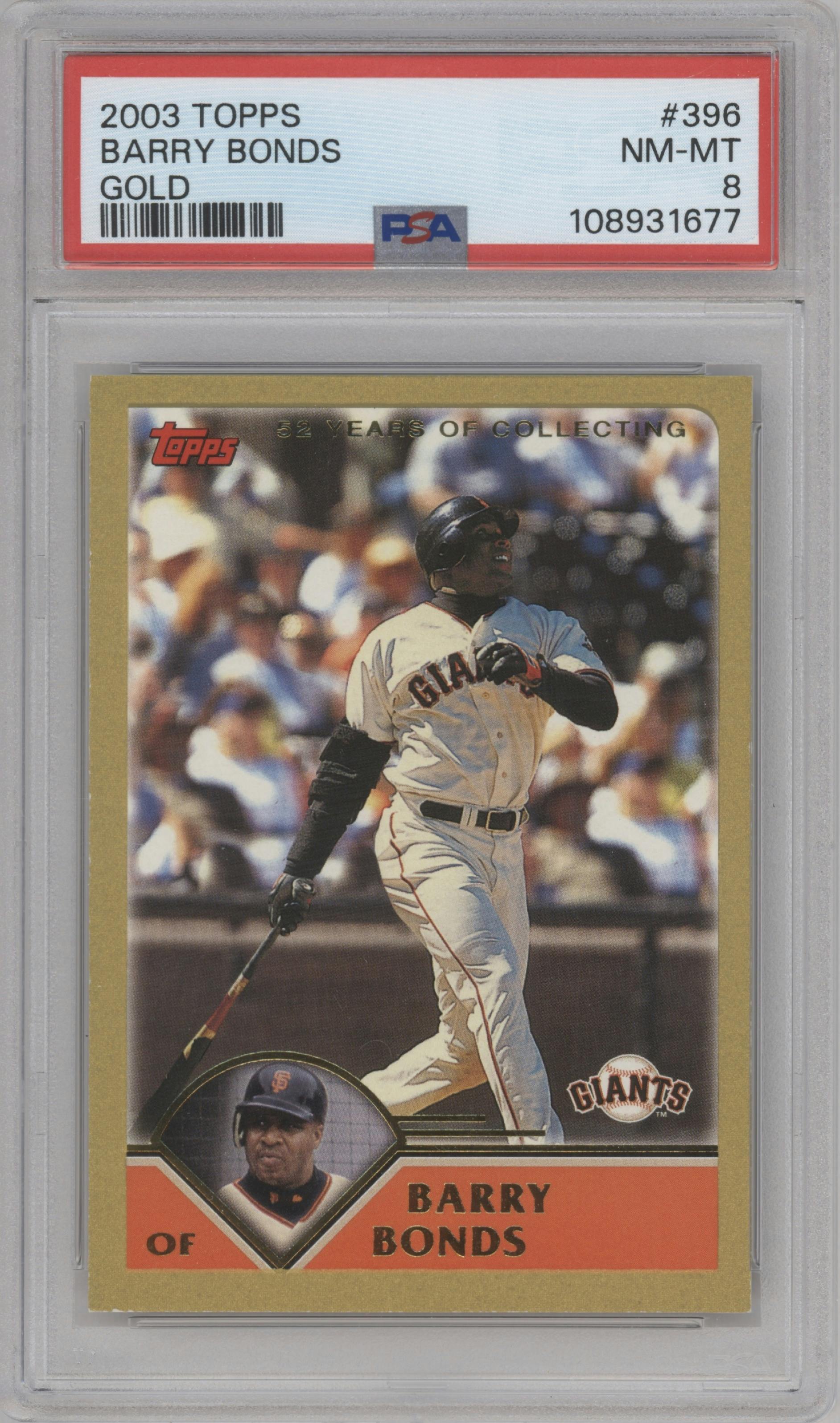 Barry Bonds from the 2003 Topps set featuring a Gold parallel graded by PSA and given an overall grade of 8.