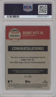 Bobby Witt Jr. from the 2022 Topps Chrome Platinum Anniversary set featuring a Platinum Toile Cream and Blue Refractor  parallel graded by PSA and given an overall grade of 10.