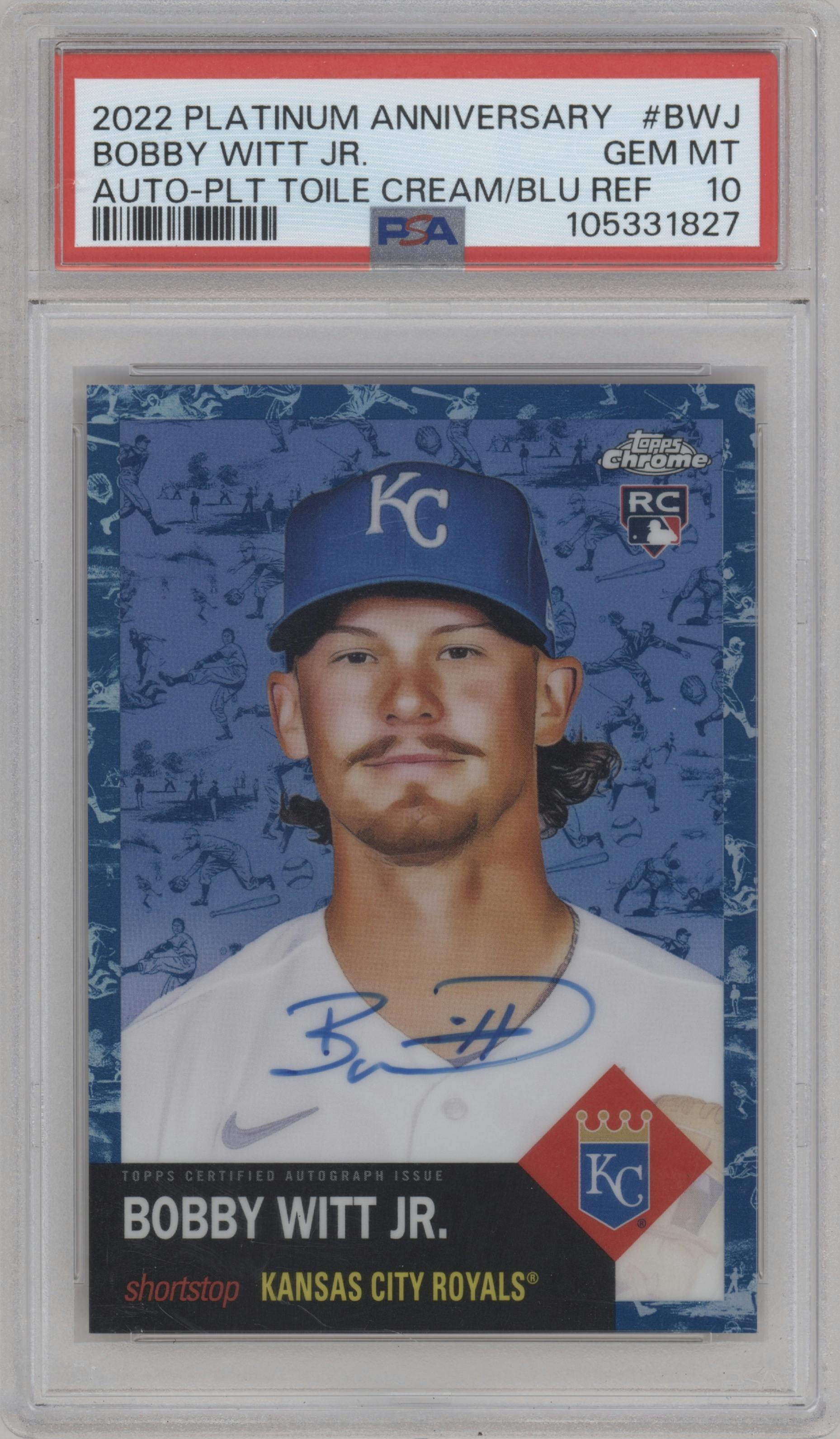 Bobby Witt Jr. from the 2022 Topps Chrome Platinum Anniversary set featuring a Platinum Toile Cream and Blue Refractor  parallel graded by PSA and given an overall grade of 10.