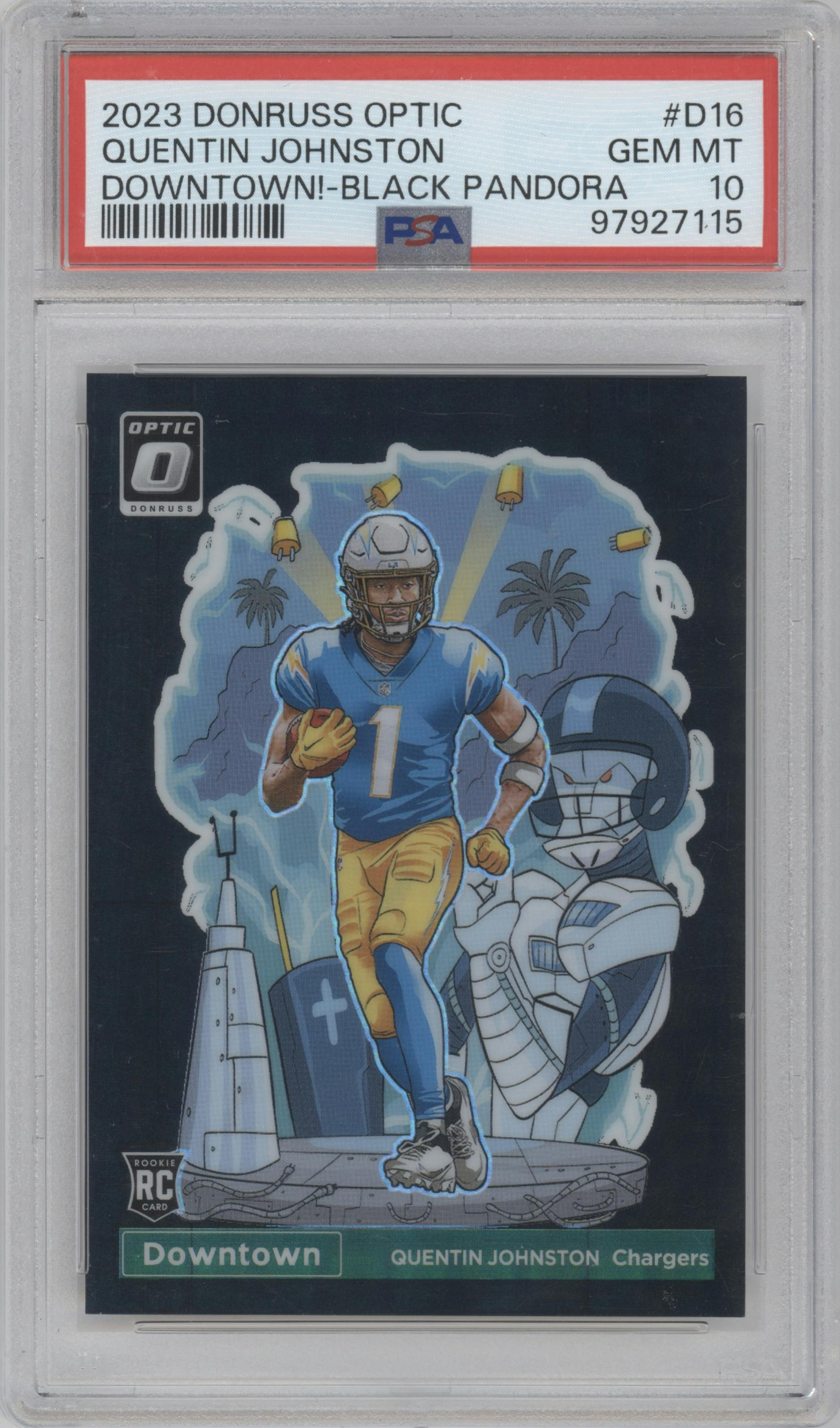 Quentin Johnston from the 2023 Donruss Optic set featuring a Black Pandora parallel graded by PSA and given an overall grade of 10.