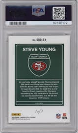 Steve Young from the 2023 Donruss Optic set featuring a Gold Vinyl parallel graded by PSA and given an overall grade of 10.