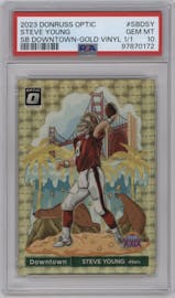 Steve Young from the 2023 Donruss Optic set featuring a Gold Vinyl parallel graded by PSA and given an overall grade of 10.