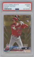 Shohei Ohtani from the 2018 Topps Update set featuring a Gold parallel graded by PSA and given an overall grade of 9.