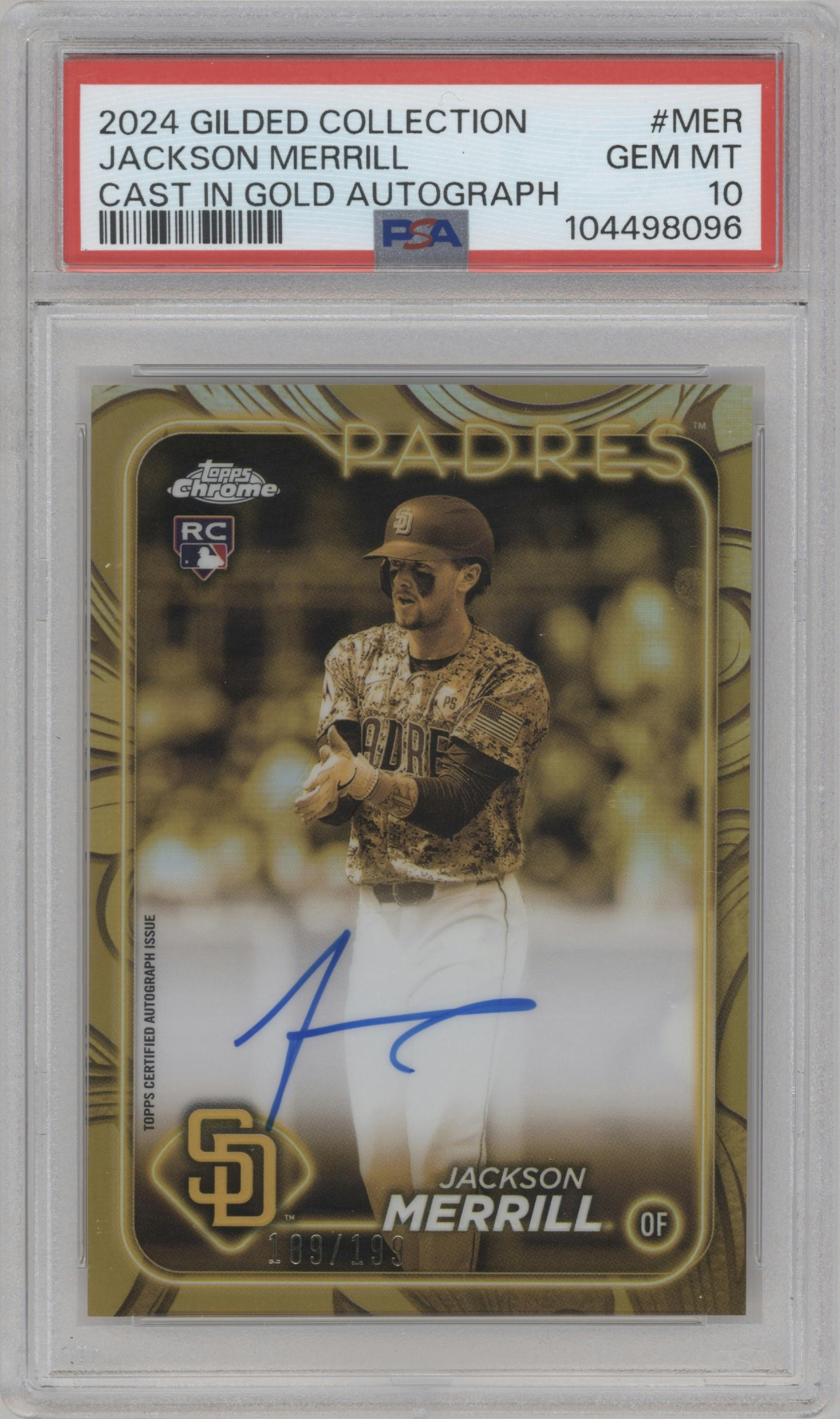 Jackson Merrill from the 2024 Topps Gilded Collection set graded by PSA and given an overall grade of 10.