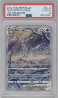 Glaceon Vstar from the 2023 Pokemon SWSH set graded by PSA and given an overall grade of 10.