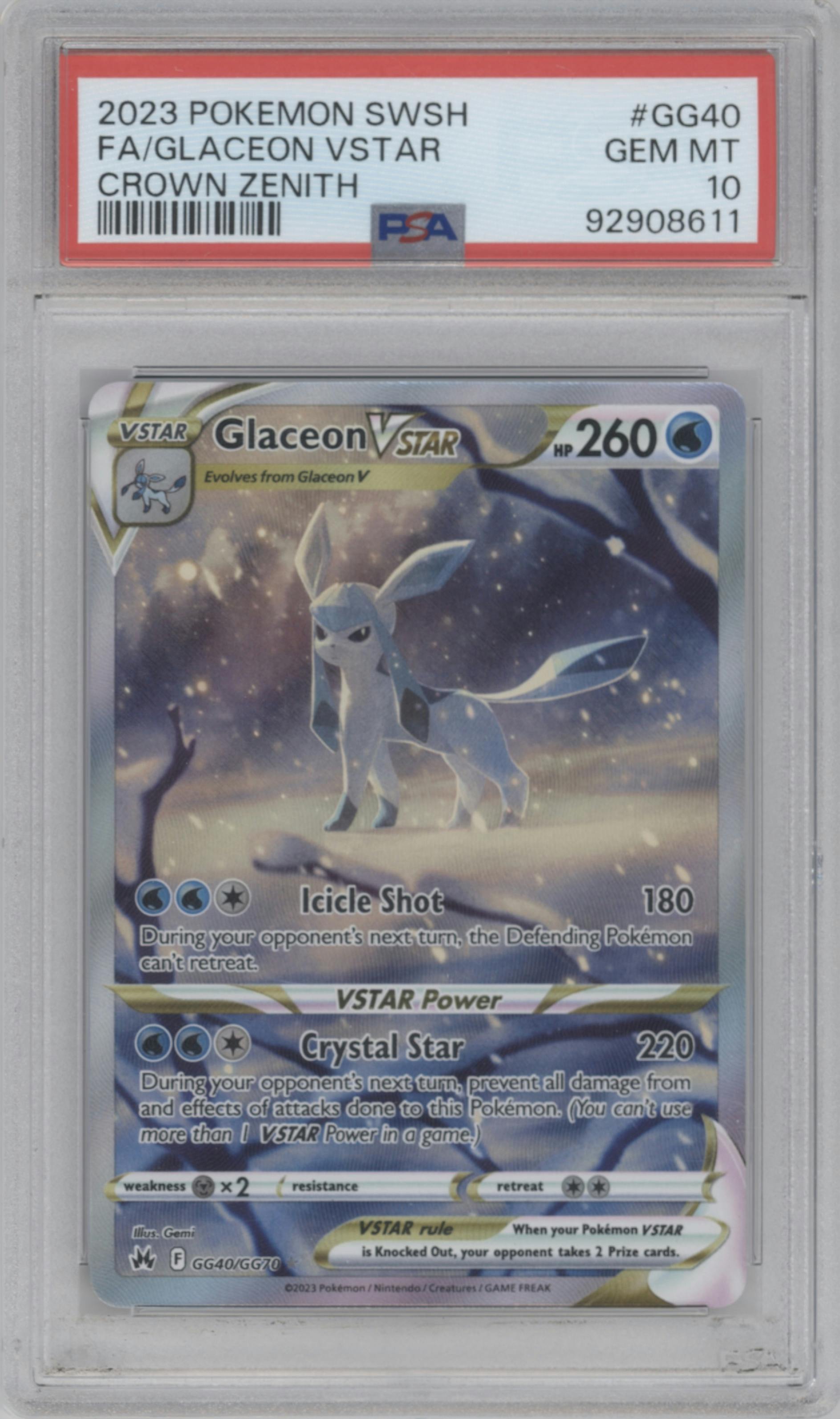 Glaceon Vstar from the 2023 Pokemon SWSH set graded by PSA and given an overall grade of 10.