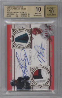 Ken Griffey Jr./Mike Trout from the 2022 Topps Definitive Collection set featuring a Red parallel graded by Beckett and given an overall grade of 10.