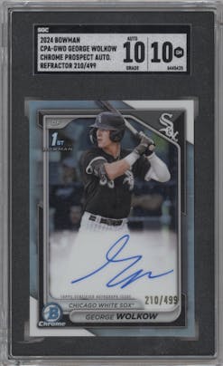 George Wolkow from the 2024 Bowman set featuring a Refractor parallel graded by SGC and given an overall grade of 10.