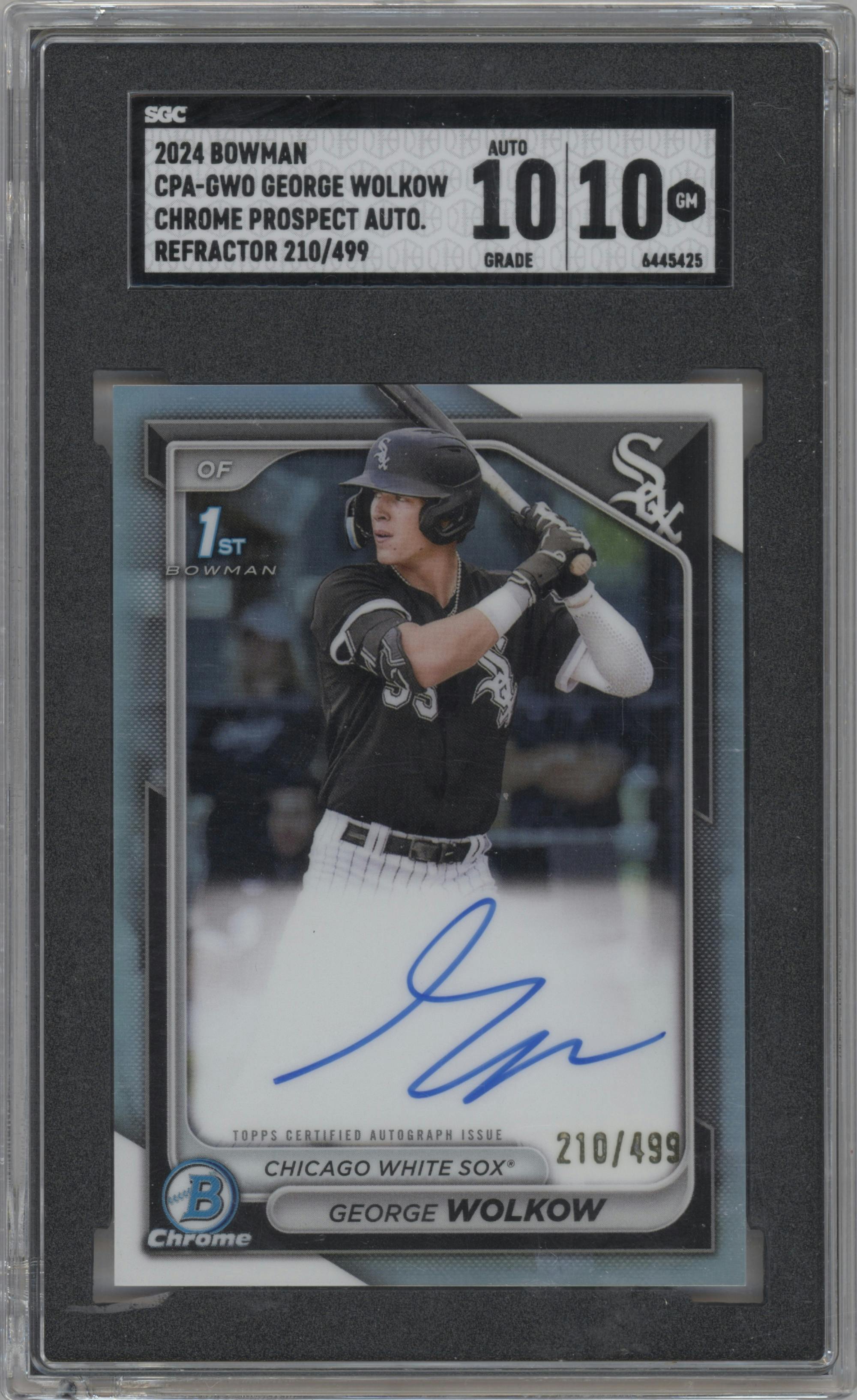 George Wolkow from the 2024 Bowman set featuring a Refractor parallel graded by SGC and given an overall grade of 10.