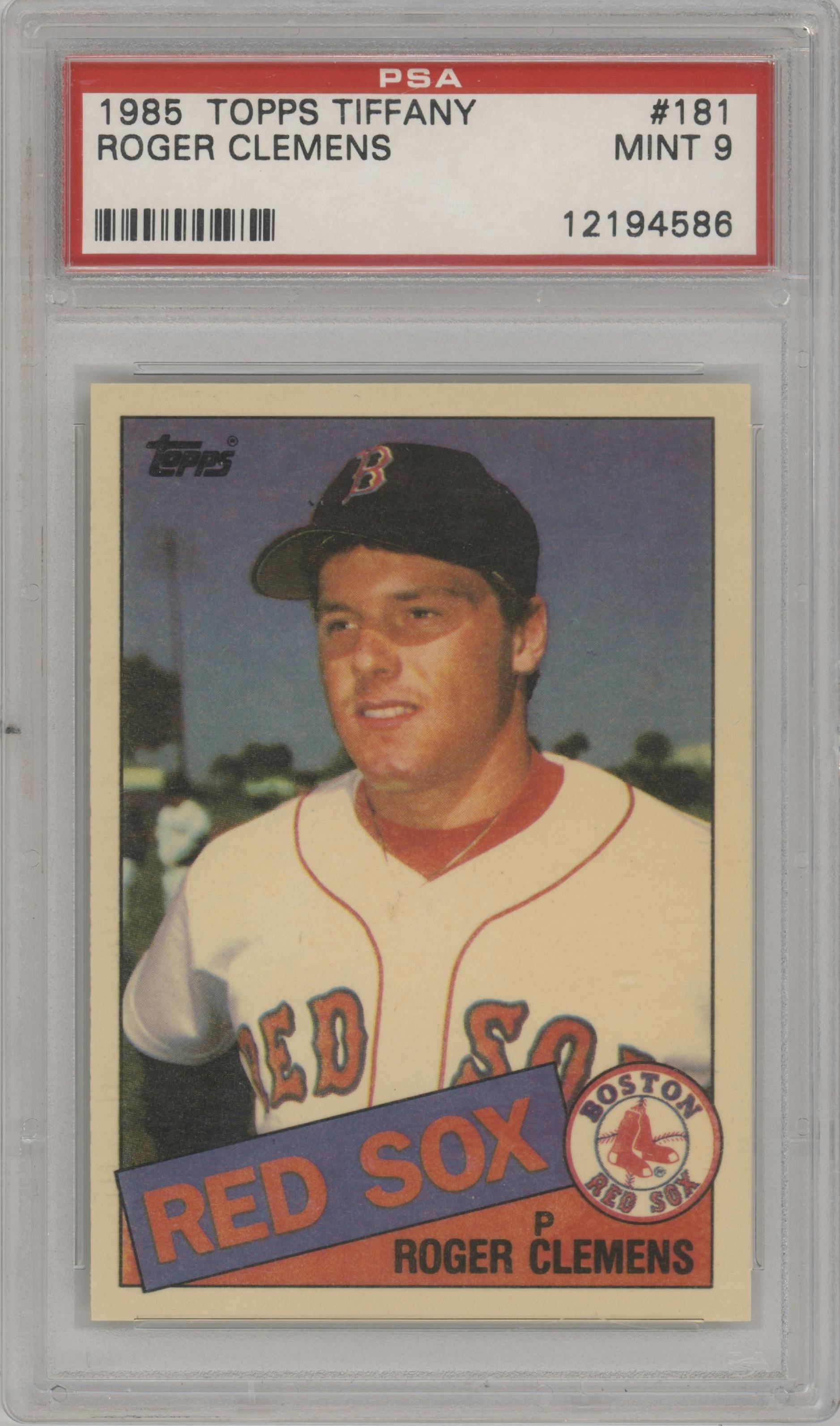 Roger Clemens from the 1985 Topps set featuring a Tiffany parallel graded by PSA and given an overall grade of 9.