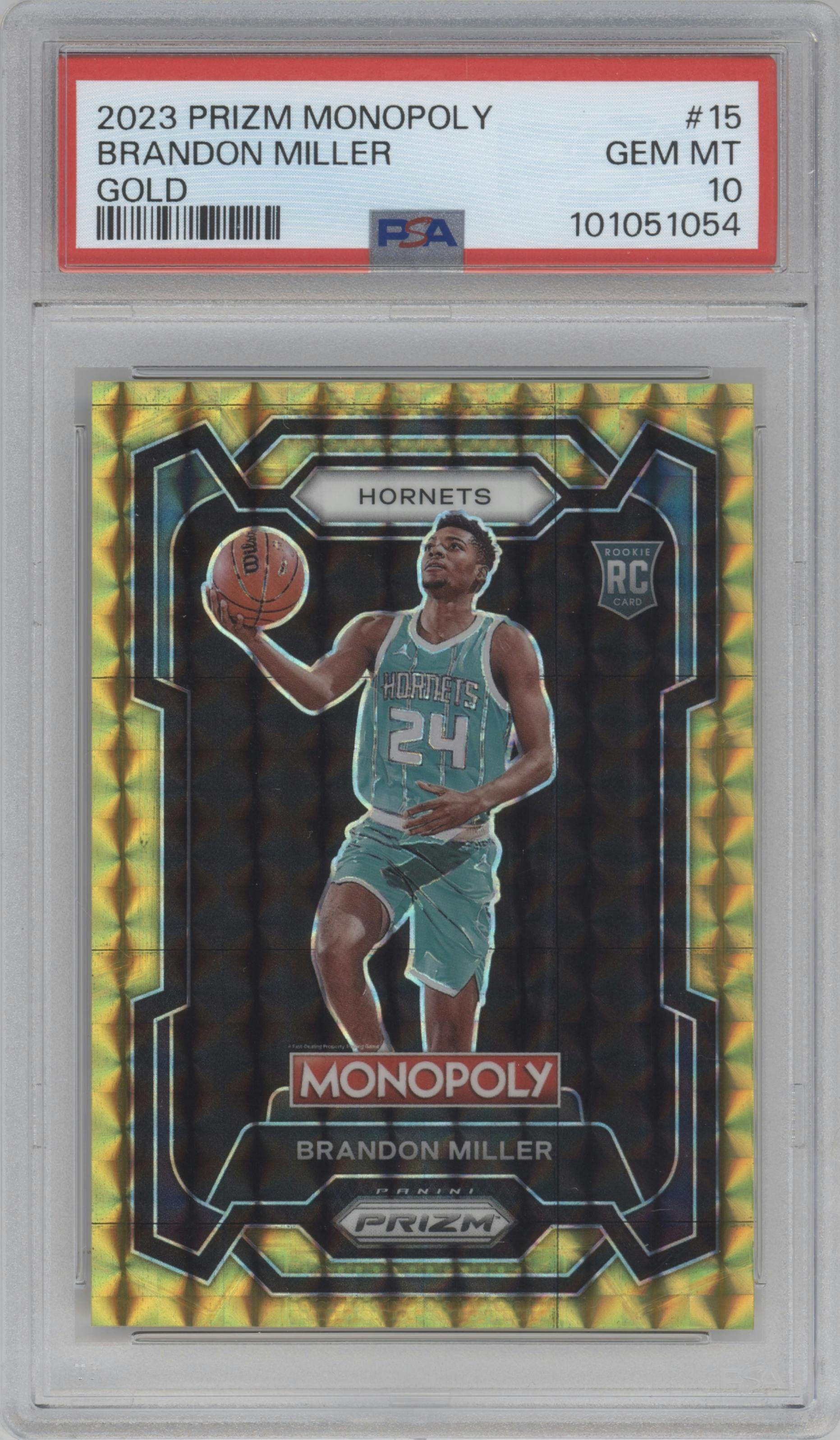 Brandon Miller from the 2023-24 Panini Prizm Monopoly set featuring a  Gold parallel graded by PSA and given an overall grade of 10.