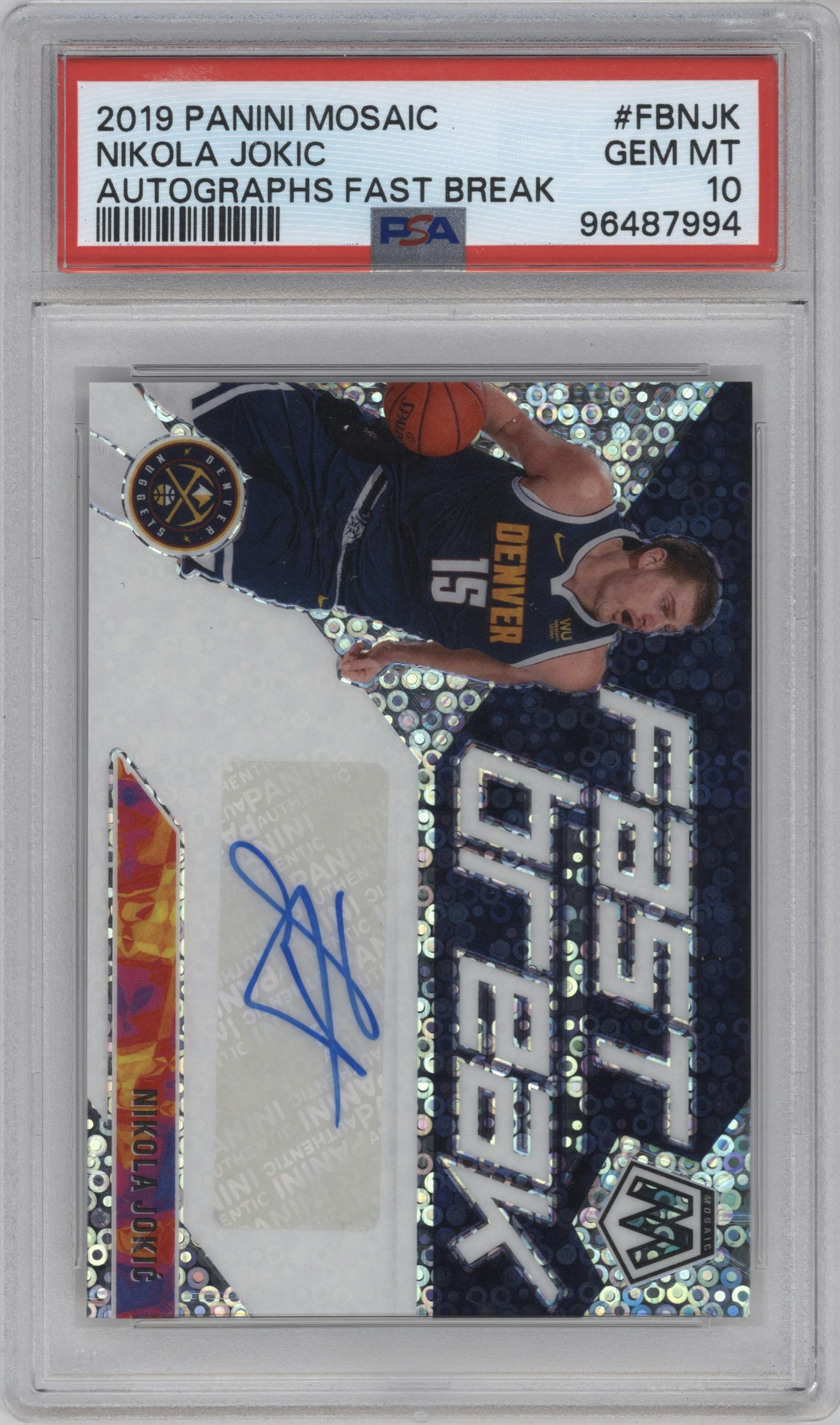 Nikola Jokic from the 2019-20 Panini Mosaic  set graded by PSA and given an overall grade of 10.