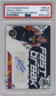 Nikola Jokic from the 2019-20 Panini Mosaic set graded by PSA and given an overall grade of 10.