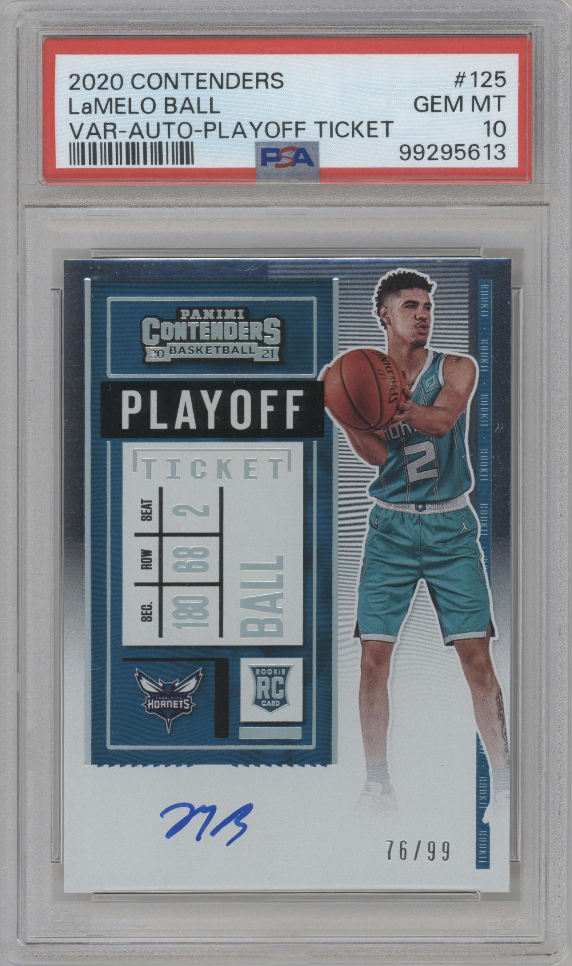 LaMelo Ball from the 2020-21 Panini Contenders set featuring a Playoff Ticket parallel graded by PSA and given an overall grade of 10.
