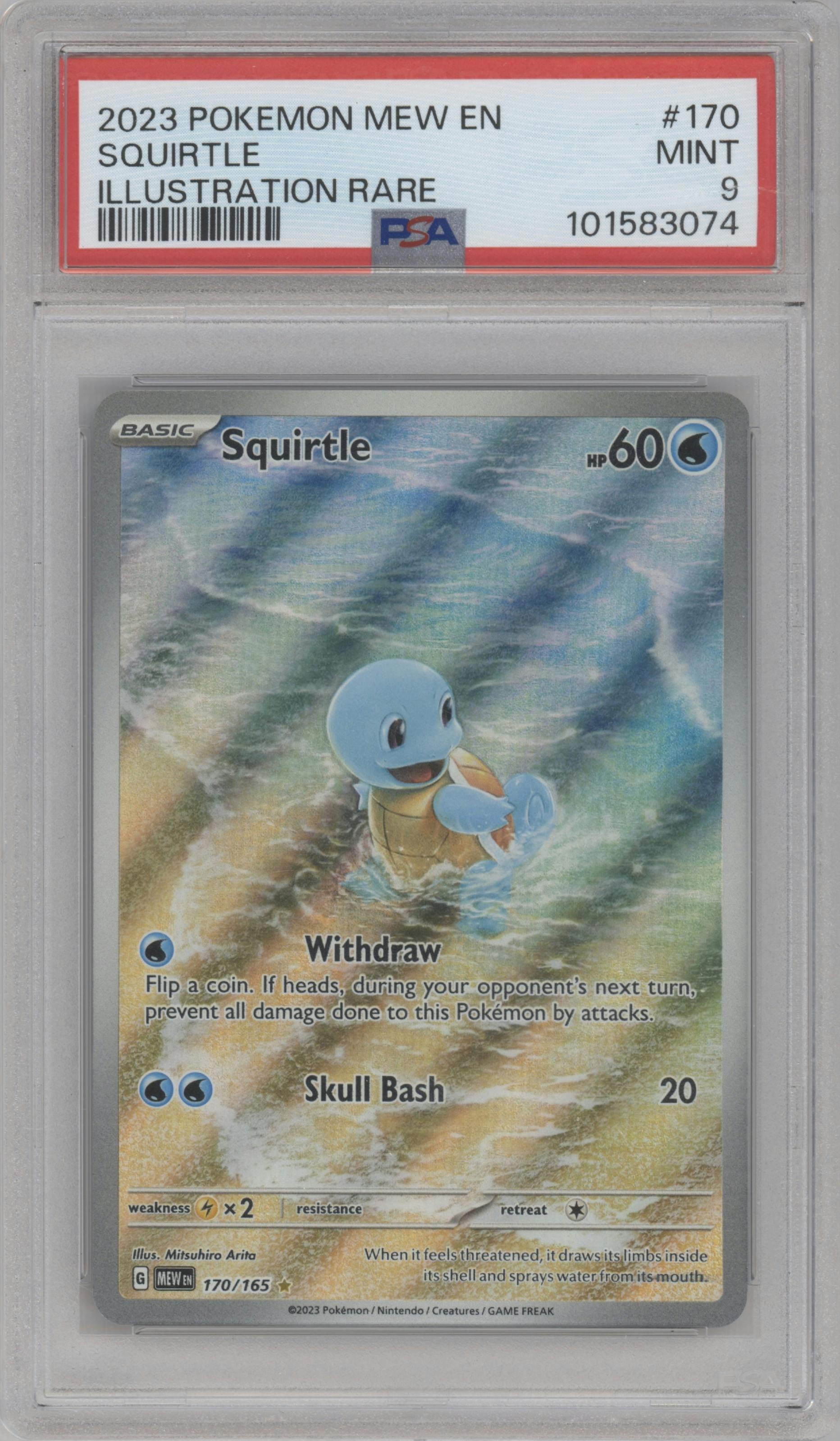 Squirtle from the 2023 Pokemon SV set graded by PSA and given an overall grade of 9.