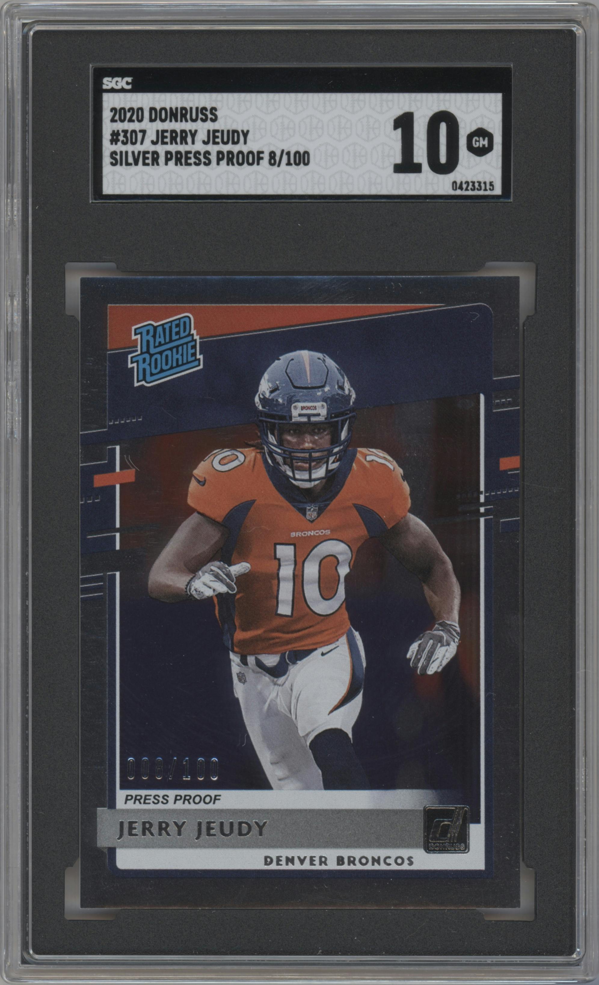 Jerry Jeudy from the 2020 Panini Donruss set featuring a Press Proof Silver parallel graded by SGC and given an overall grade of 10.