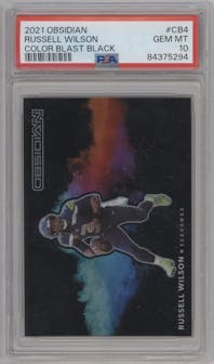 Russell Wilson from the 2021 Panini Obsidian set graded by PSA and given an overall grade of 10.