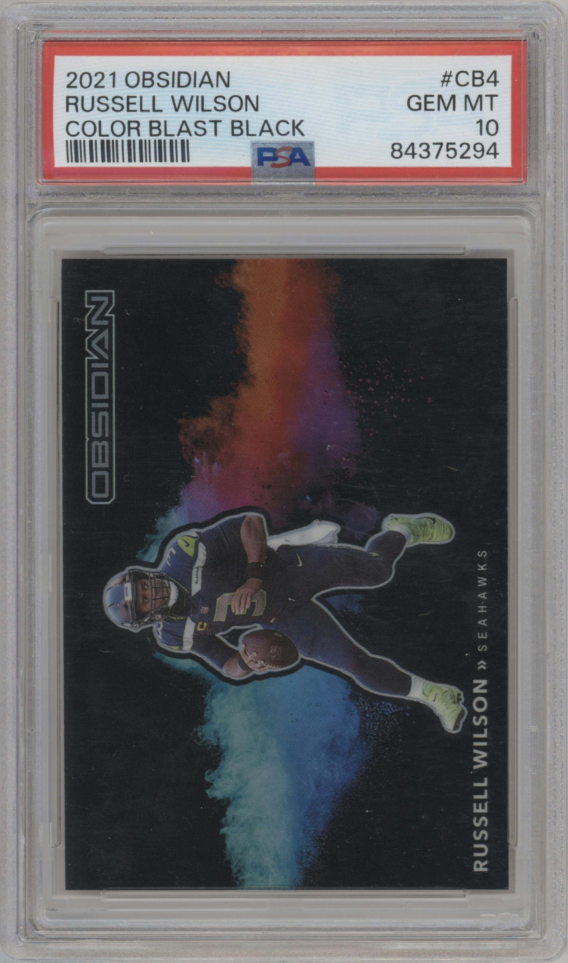Russell Wilson from the 2021 Panini Obsidian set graded by PSA and given an overall grade of 10.