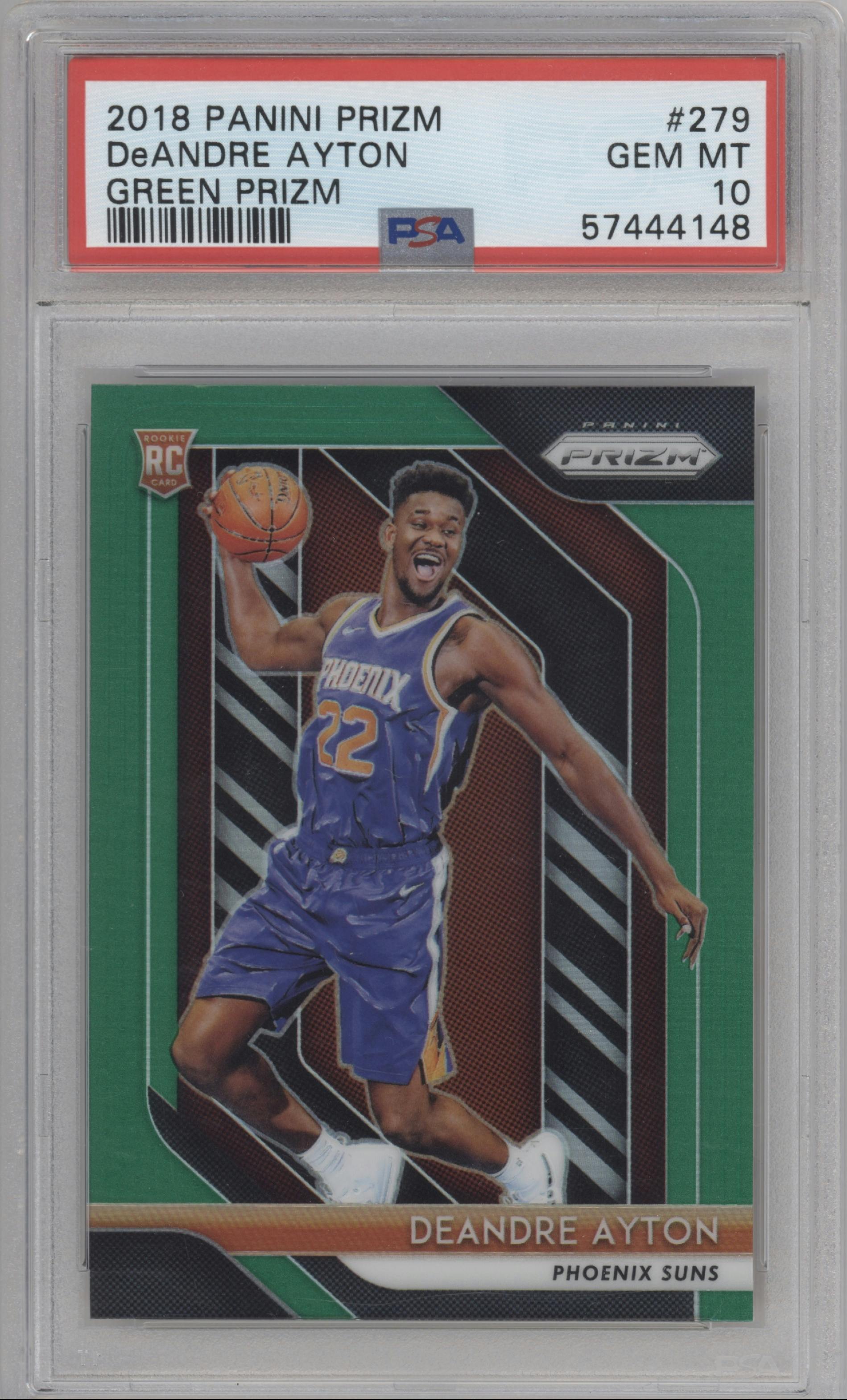 Deandre Ayton from the 2018-19 Panini Prizm set featuring a Green Prizm parallel graded by PSA and given an overall grade of 10.