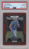 Sam LaPorta from the 2023 Panini Prizm set featuring a Red Prizm parallel graded by PSA and given an overall grade of 10.