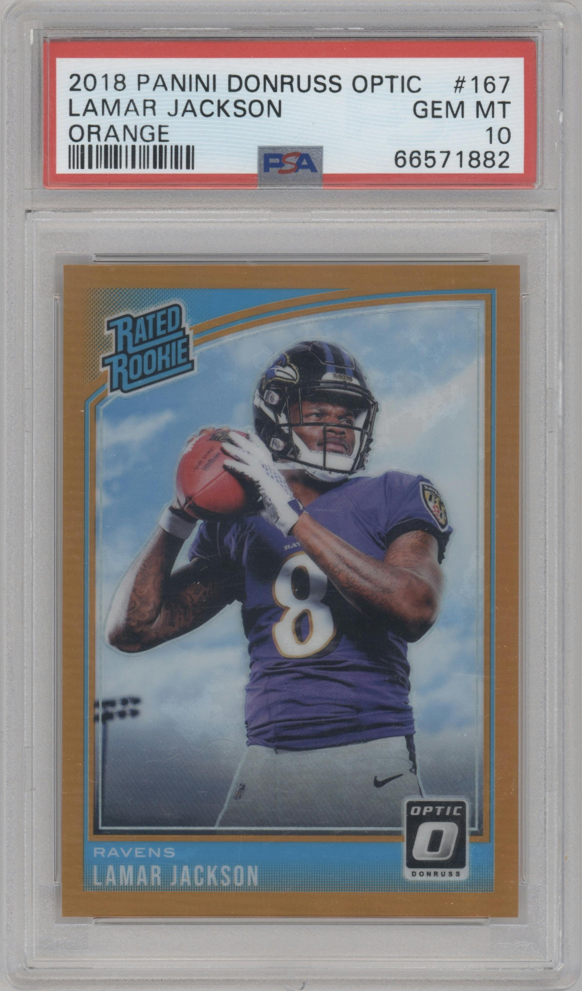Lamar Jackson from the 2018 Panini Donruss Optic set featuring a Orange parallel graded by PSA and given an overall grade of 10.