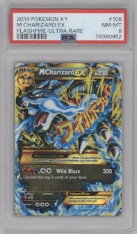 M Charizard EX from the 2014 Pokemon XY set graded by PSA and given an overall grade of 8.