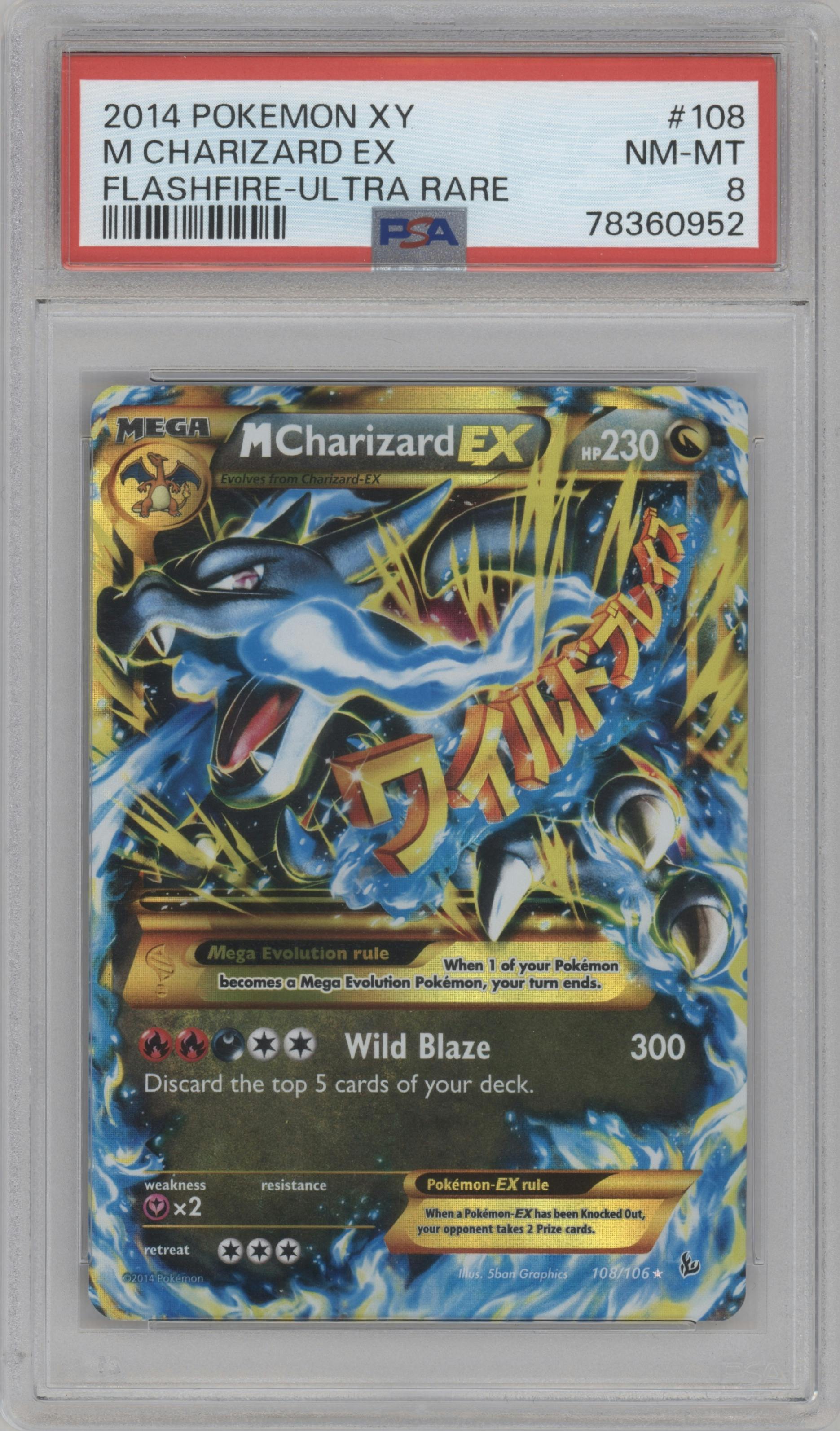 M Charizard EX from the 2014 Pokemon XY set graded by PSA and given an overall grade of 8.