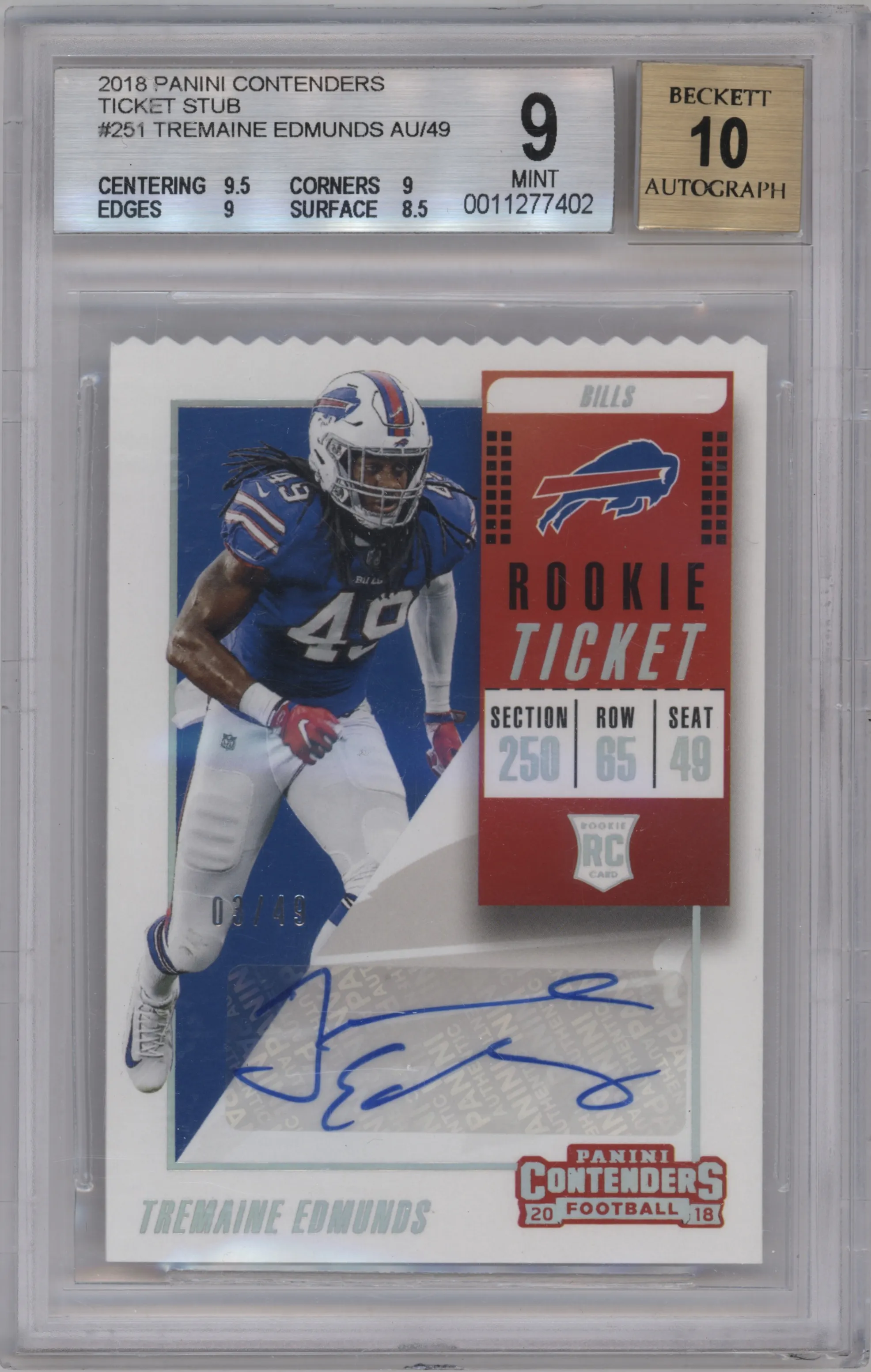 2018 Panini Contenders Rke.Tkt.Stub Auto Tremaine Edmunds BGS 9