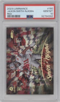 Jaxon Smith-Njigba from the 2023 Panini Luminance set featuring a Red parallel graded by PSA and given an overall grade of 10.