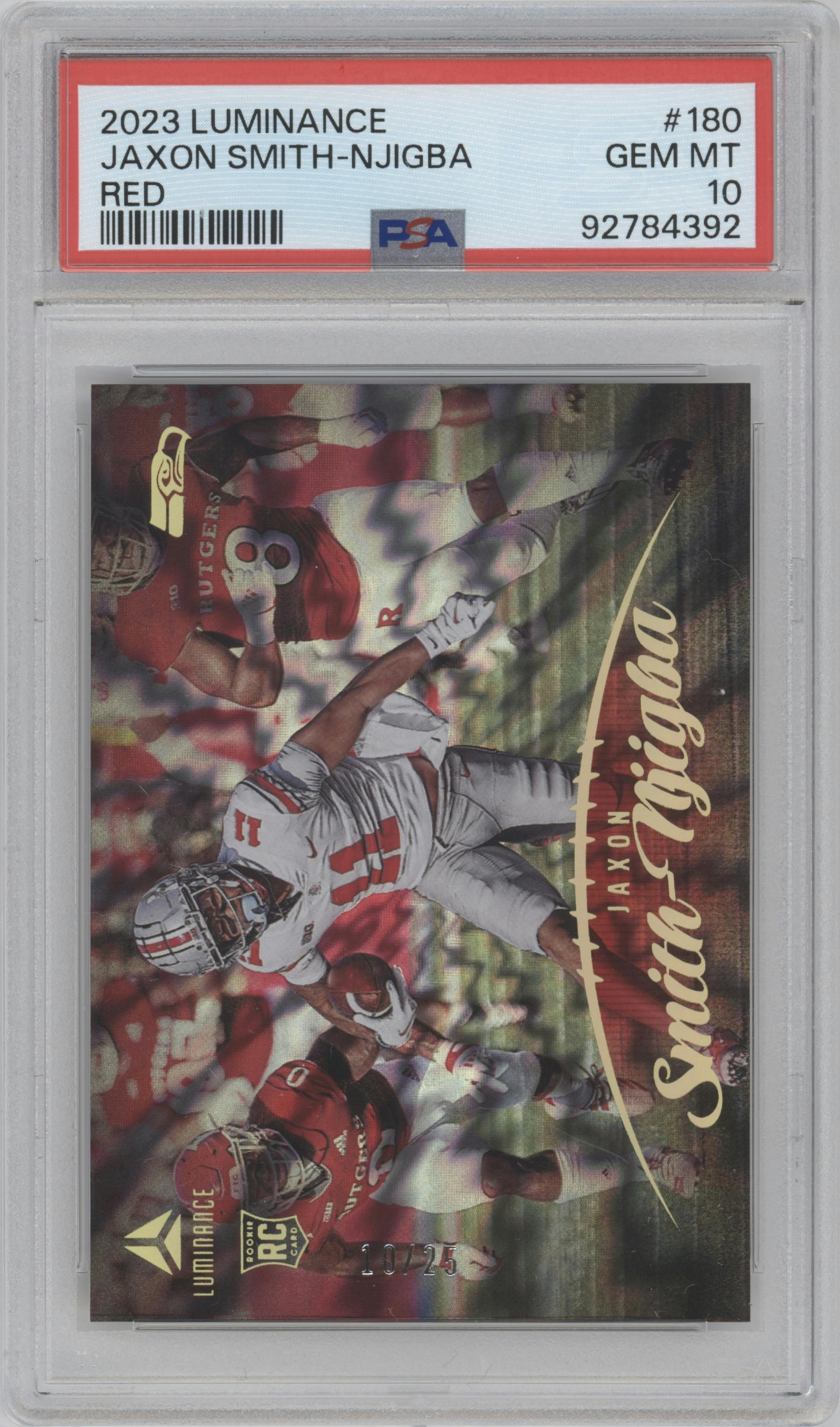 Jaxon Smith-Njigba from the 2023 Panini Luminance set featuring a Red parallel graded by PSA and given an overall grade of 10.