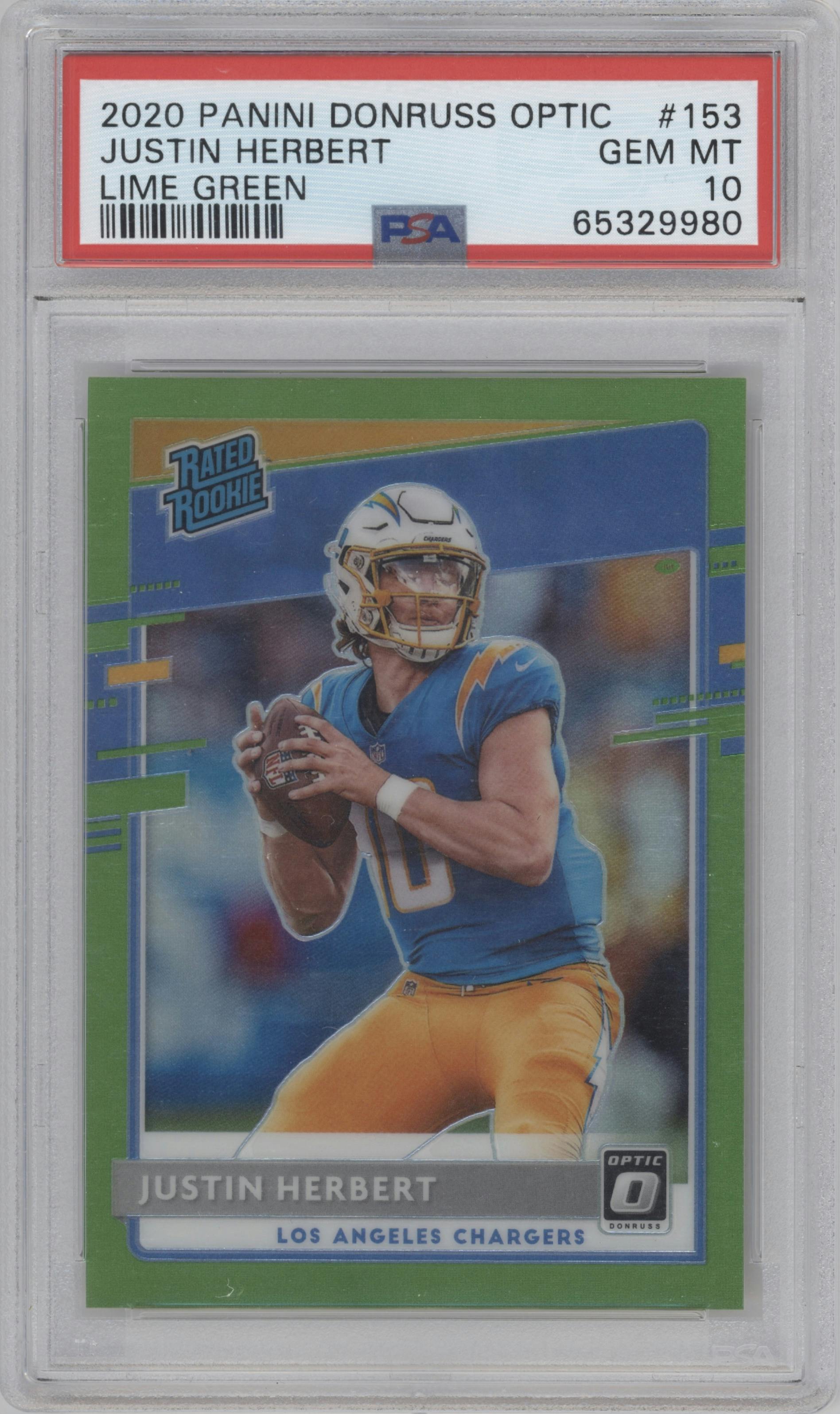 Justin Herbert from the 2020 Panini Donruss Optic set featuring a Lime Green parallel graded by PSA and given an overall grade of 10.