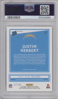 Justin Herbert from the 2020 Panini Donruss Optic set featuring a Lime Green parallel graded by PSA and given an overall grade of 10.