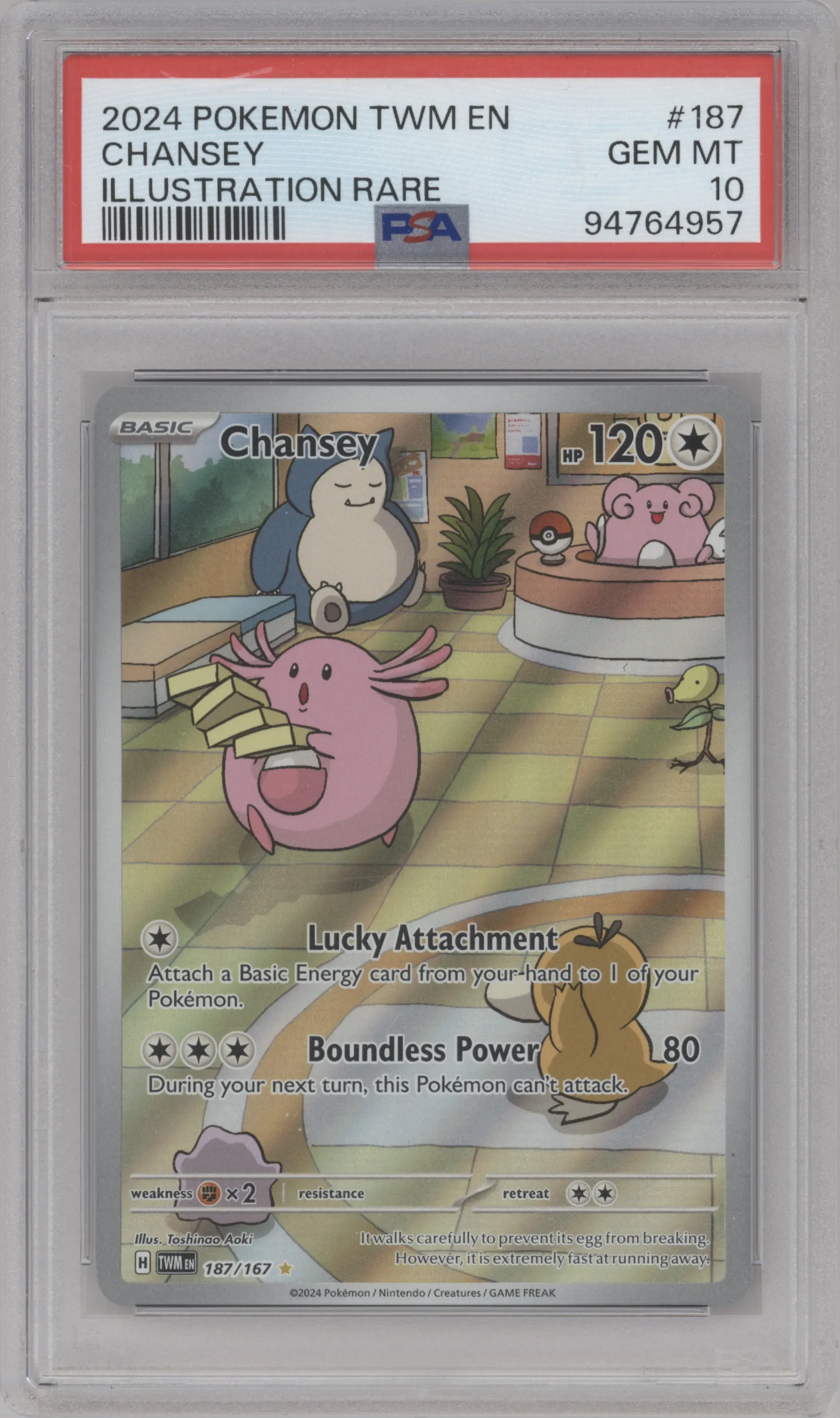 Chansey from the 2024 Pokemon SV set graded by PSA and given an overall grade of 10.